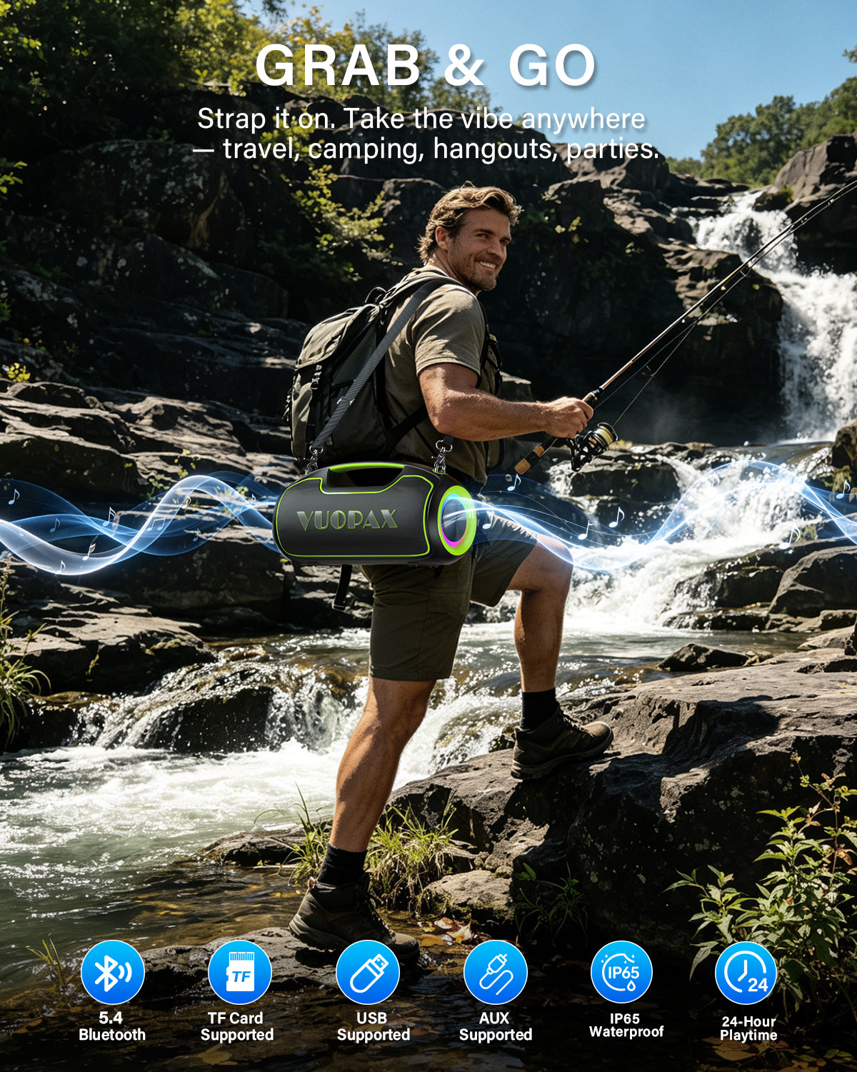 Portable Bluetooth Speakers Wireless, 200W PEAK Loud Outdoor Speaker with Deep Bass, IP65 Waterproof, BT5.4, USB-C, RGB Lights, for Party, Camping, Beach, Large Workshop, Garage, 24H Playtime