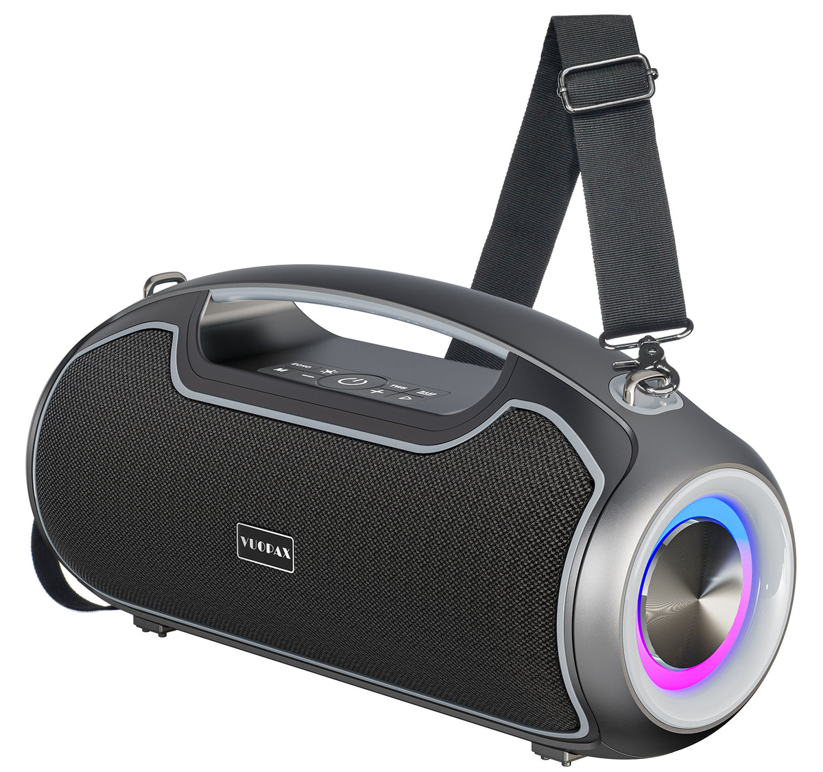Grey portable Bluetooth speaker with enhanced bass, suitable for parties and outdoor activities