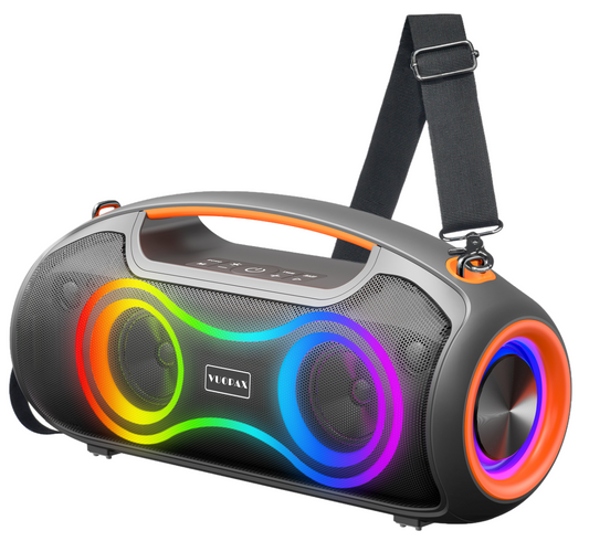 B47A portable Bluetooth speaker features party lights, dual subwoofers, IP65 water resistance, and wireless Bluetooth 5.4