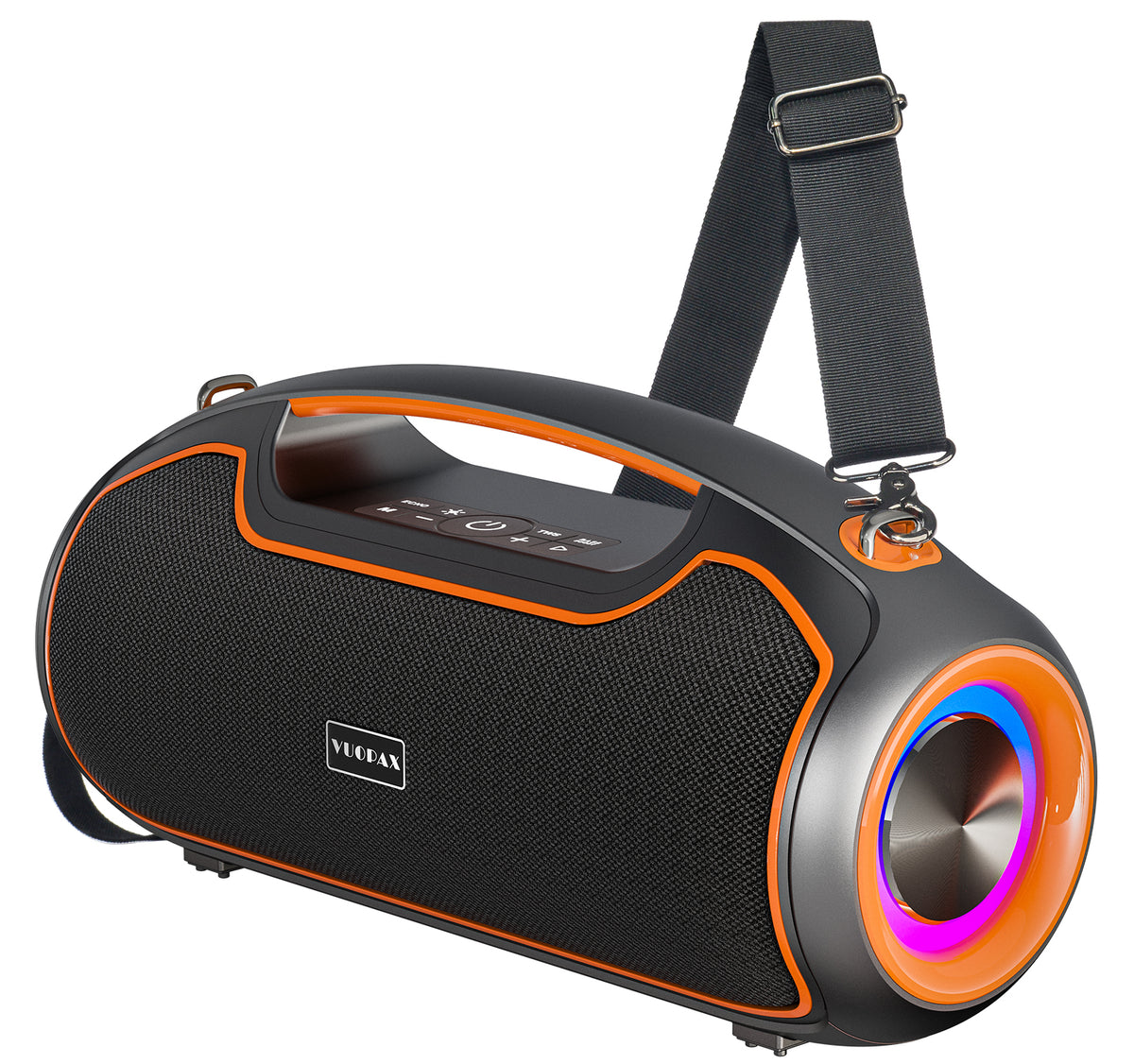 Orange portable Bluetooth speaker with enhanced bass, suitable for parties and outdoor activities