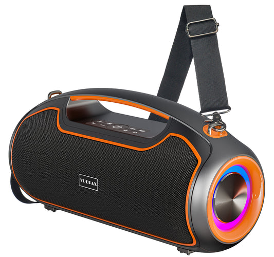 Orange portable Bluetooth speaker with enhanced bass, suitable for parties and outdoor activities