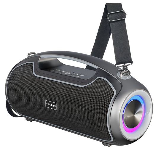 Grey portable Bluetooth speaker with enhanced bass, suitable for parties and outdoor activities