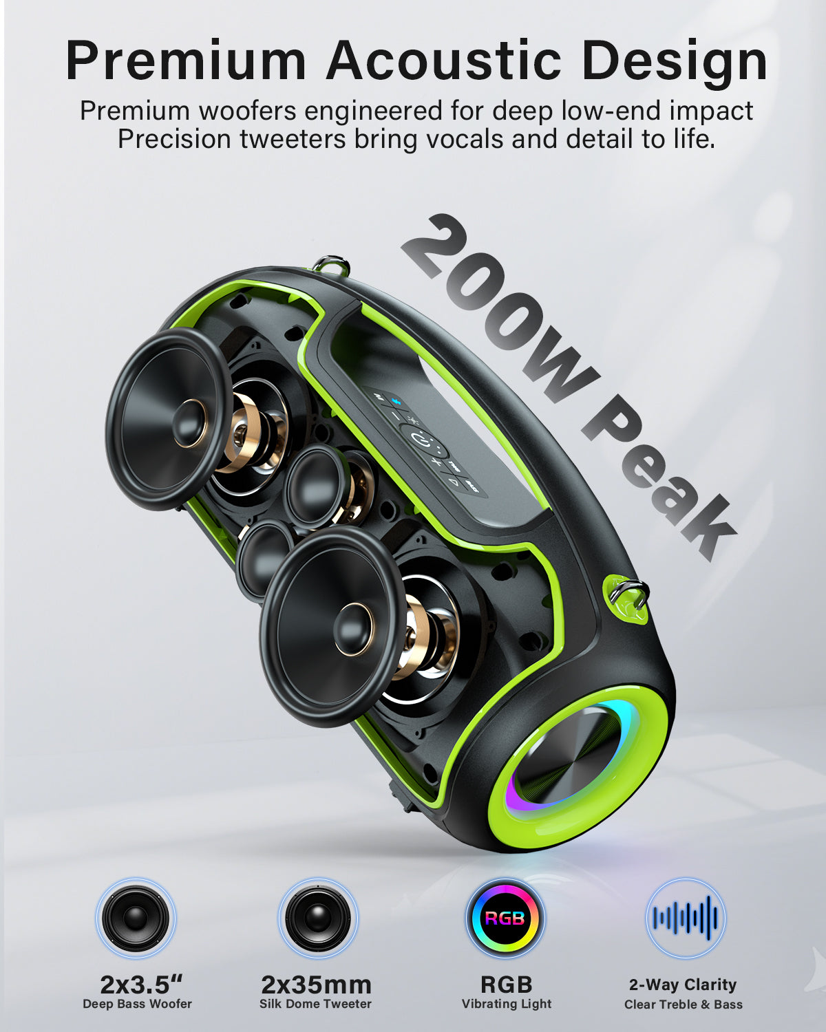 Portable Bluetooth Speakers Wireless, 200W PEAK Loud Outdoor Speaker with Deep Bass, IP65 Waterproof, BT5.4, USB-C, RGB Lights, for Party, Camping, Beach, Large Workshop, Garage, 24H Playtime
