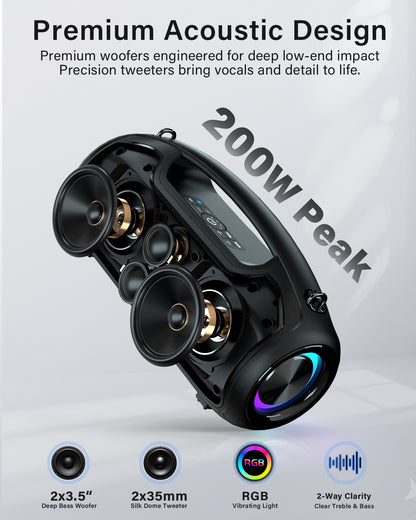 Upgrade Portable Bluetooth Speakers Wireless, 200W PEAK Loud Outdoor Speaker with Deep Bass, IP65 Waterproof, BT5.4, USB-C, RGB Lights, for Party, Camping, Beach, Large Workshop, Garage, 24H Playtime