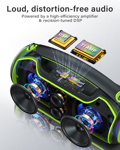 Portable Bluetooth Speakers Wireless, 200W PEAK Loud Outdoor Speaker with Deep Bass, IP65 Waterproof, BT5.4, USB-C, RGB Lights, for Party, Camping, Beach, Large Workshop, Garage, 24H Playtime