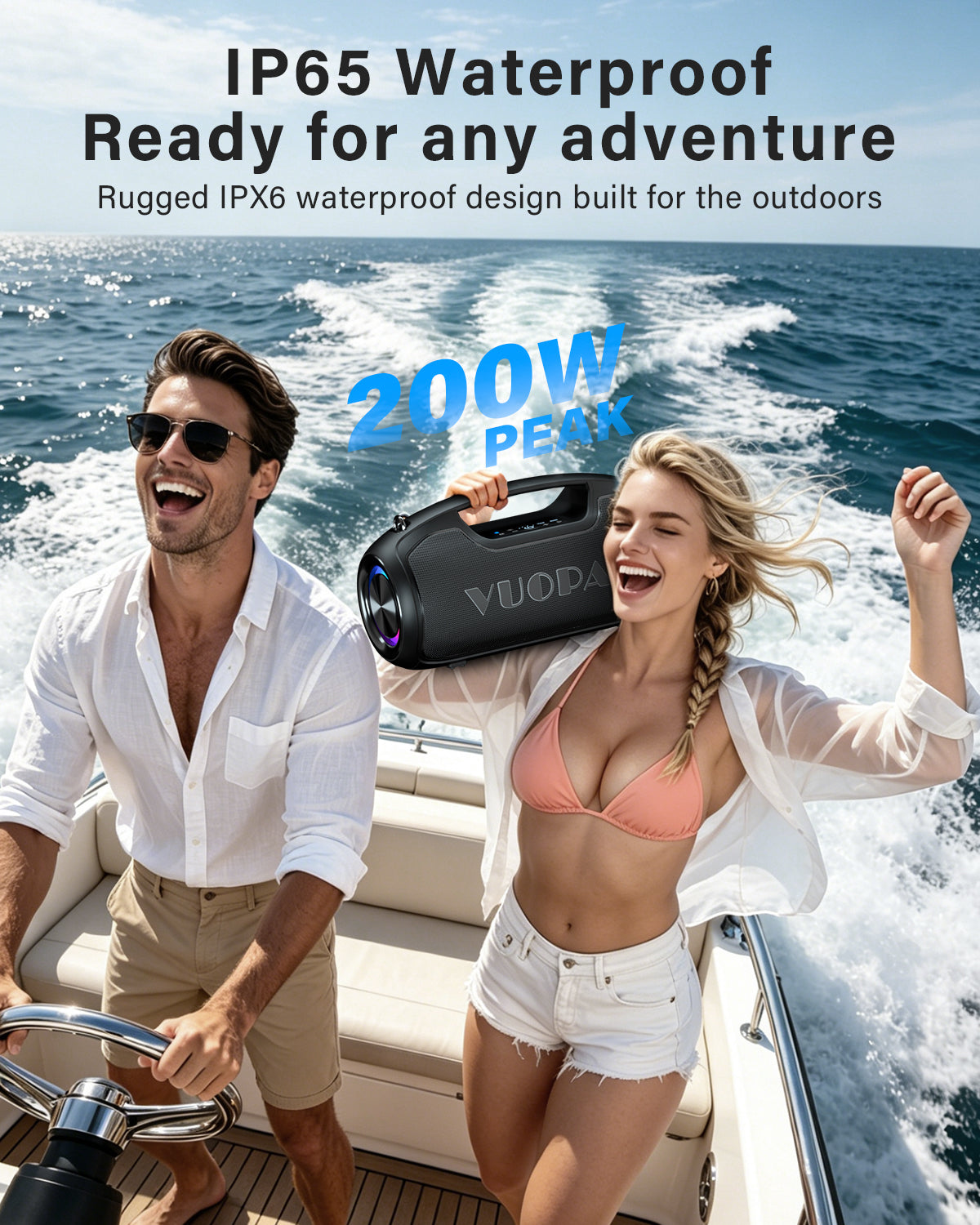 Upgrade Portable Bluetooth Speakers Wireless, 200W PEAK Loud Outdoor Speaker with Deep Bass, IP65 Waterproof, BT5.4, USB-C, RGB Lights, for Party, Camping, Beach, Large Workshop, Garage, 24H Playtime