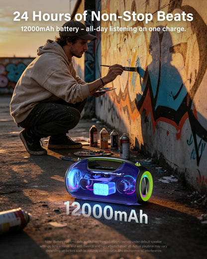 Portable Bluetooth Speakers Wireless, 200W PEAK Loud Outdoor Speaker with Deep Bass, IP65 Waterproof, BT5.4, USB-C, RGB Lights, for Party, Camping, Beach, Large Workshop, Garage, 24H Playtime