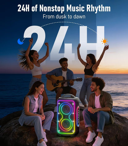 B72  portable Bluetooth speaker features party lights, dual subwoofers, IP65 water resistance, and wireless Bluetooth 5.4